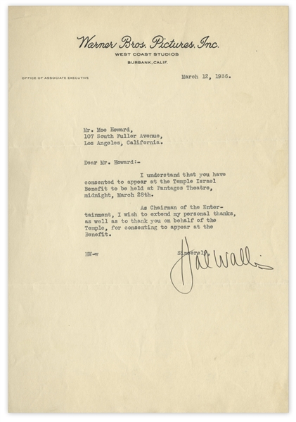 Famed Hollywood Producer, Hal Wallis Letter Signed to Moe Howard -- Dated March 1936 On Warner Bros. Stationery, Wallis Thanks Moe for Attending Charity Benefit -- 7.25'' x 10.5'', Near Fine
